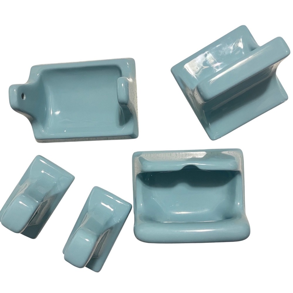 Vintage K Japan Blue Ceramic Bathroom Hardware Set 5pc Soap‎ Dish Towel Brackets